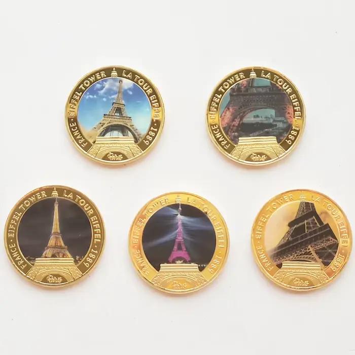 Ensemble de 5 pièces de monnaie commémoratives de la Tour Eiffel de Paris, France, plaqué or, souvenir de voyage