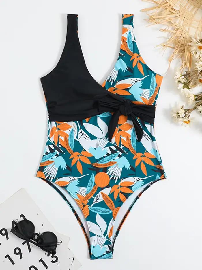 Maillot de bain une pièce imprimé tropical 2026 avec nœud latéral et ceinture