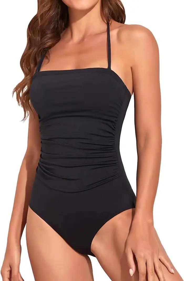 Sexy Bandeau une pièce maillot de bain 2025 femmes noir plissé minceur ventre contrôle maillots
