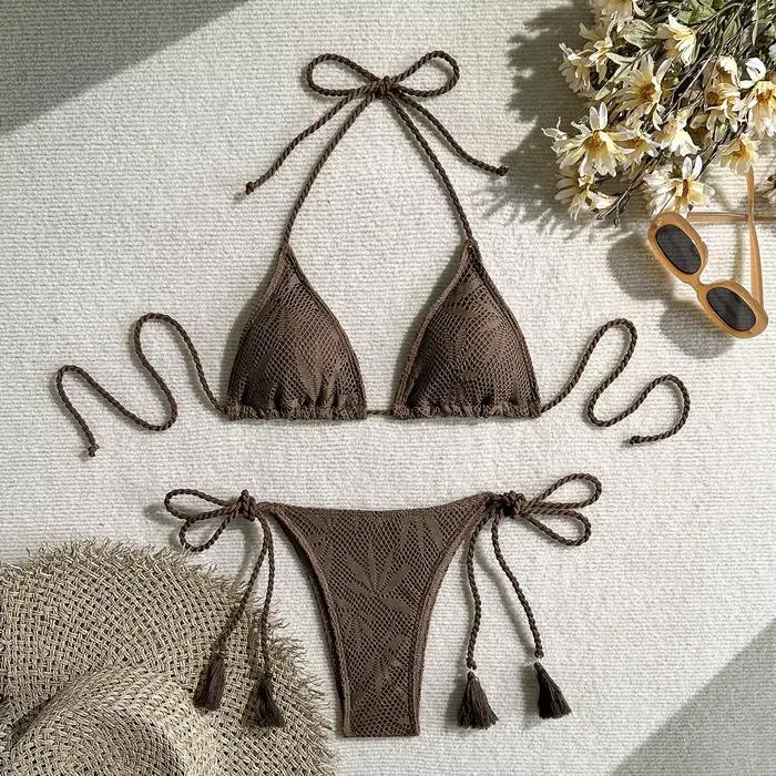 Ensemble bikini tressé couleur unie pour femme