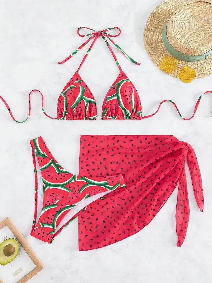 Ensemble de bikini triangle à imprimé pastèque pour femme avec paréo transparent, maillot de bain 3 pièces pour les vacances à la plage style européen et américain polyvalent
