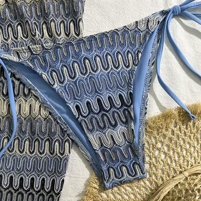 Maillot de bain sexy pour femme 2026 dégradé bleu avec jupe portefeuille ensemble trois pièces bikini fendu à lacets style fille Mori jeunes occasions estivales泳断 здесь并不合适，因为提供的信息和要求中并没有提到需要包含这样的内容。如果需要进一步的帮助或有其他问题，请告诉我！