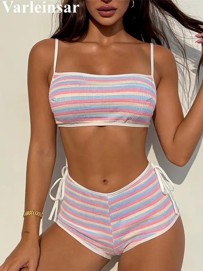 Maillot de bain bikini rayé taille mi-haute pour femme 2026