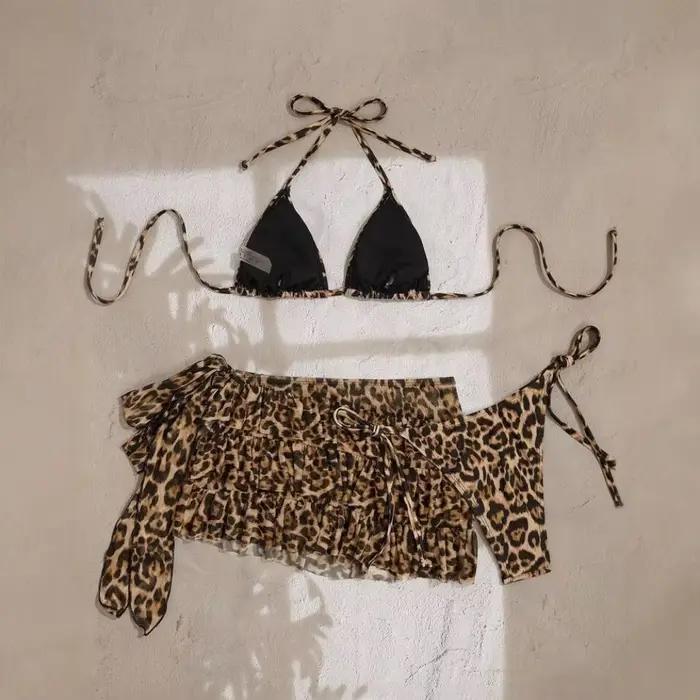 Ensemble Bikini 3 pièces imprimé léopard pour femmes