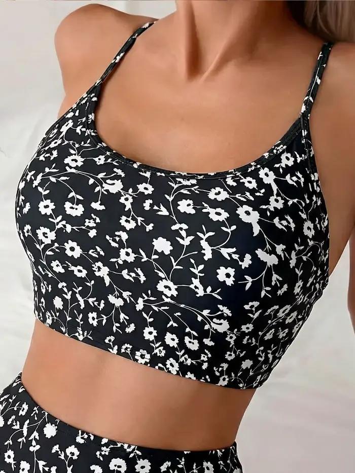 Ensemble de bikini bohème à imprimé floral, maillot de bain deux pièces taille haute pour femme, bretelles spaghetti, tenue de plage estivale