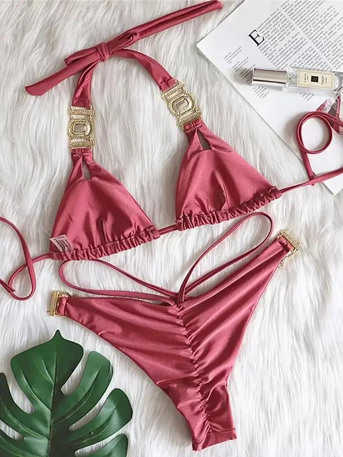 Licou bijoux diamant Bikini femmes maillot de bain femme Triangle maillots de bain deux pièces Bikini ensemble brésilien baigneur maillot de bain bain