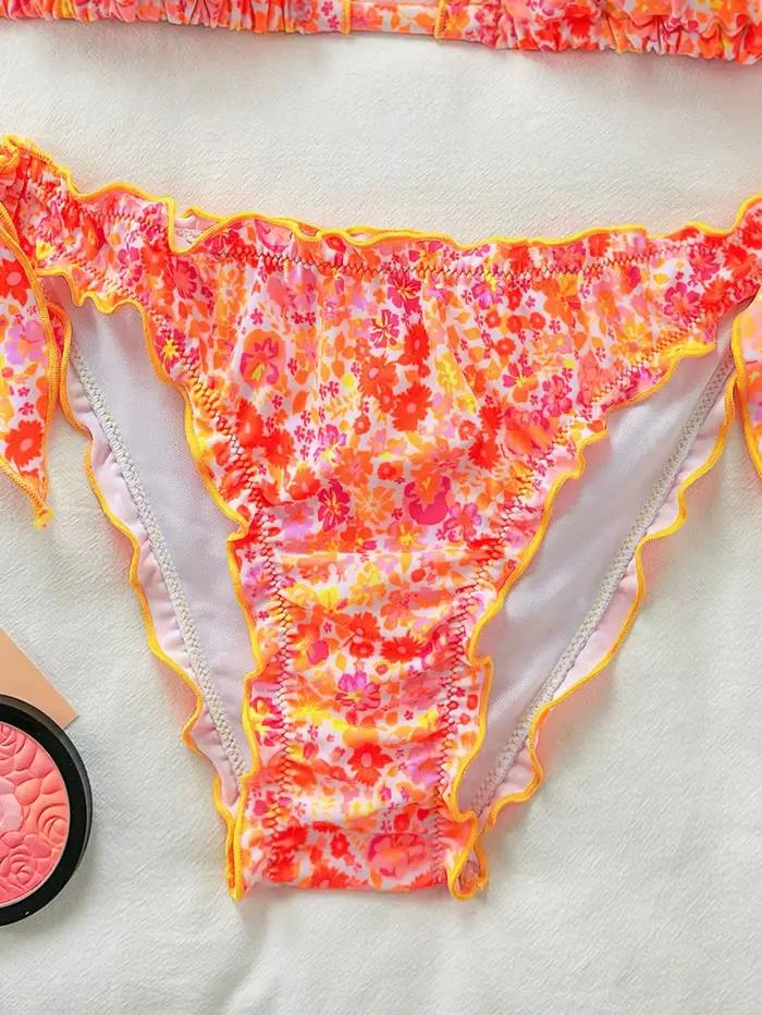 Ensemble bikini floral orange pour femme, dos nu et volants, push-up, bikini haute taille, idéal pour la plage et les occasions spéciales