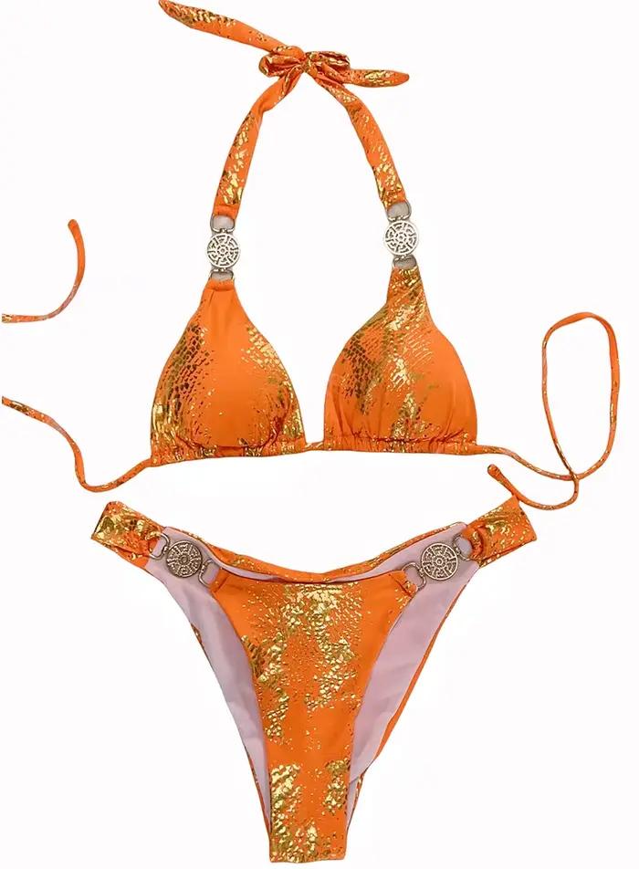 Maillot de bain féminin imprimé peau de serpent col licou diamant strass ensemble bikini taille basse coupe haute polyester occassions plage vacances piscine spa sources chaudes sports nautiques