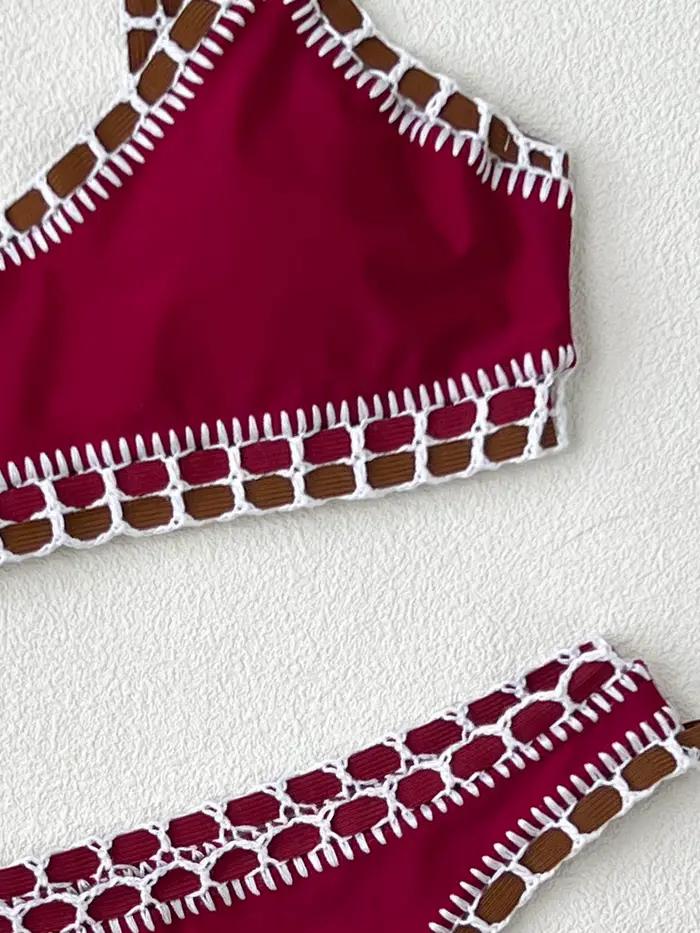 Maillot de bain femme 2026 : Ensemble bikini élégant rouge bordeaux avec bordure tressée unique