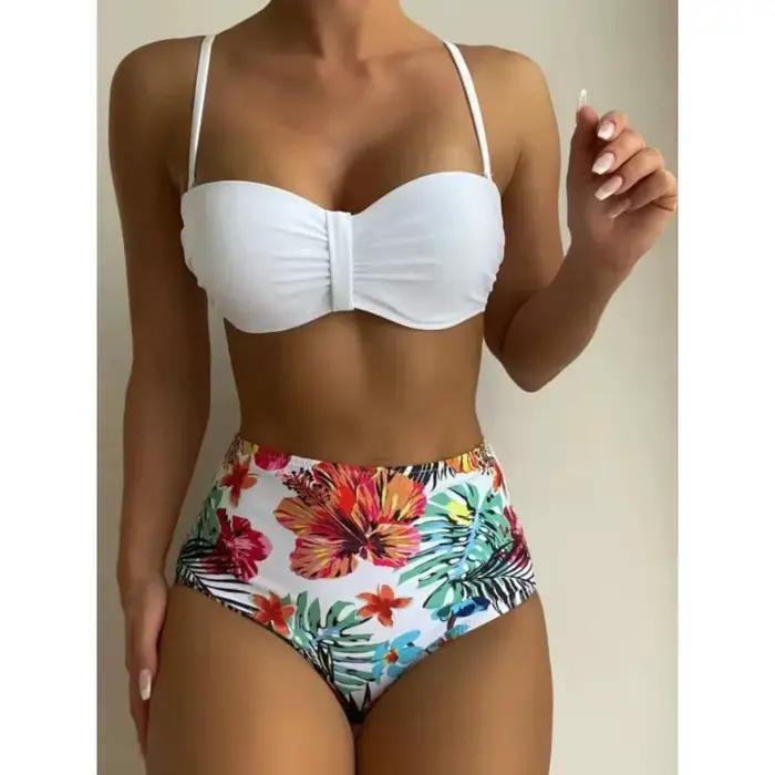 Sexy Bandeau Bikini femmes maillot de bain impression florale taille haute Bikinis ensemble femme été natation maillots