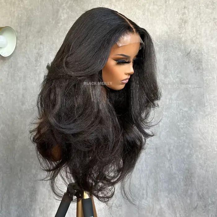 Perruque Full Lace Wig Yaki brésilienne ondulée, cheveux naturels, pre-plucked, pour femmes