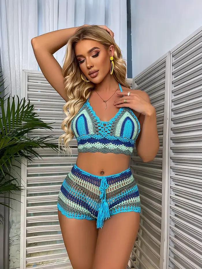 Ensembles de Bikini au Crochet multicolore arc-en-ciel rayé épaules dénudées haut + bas