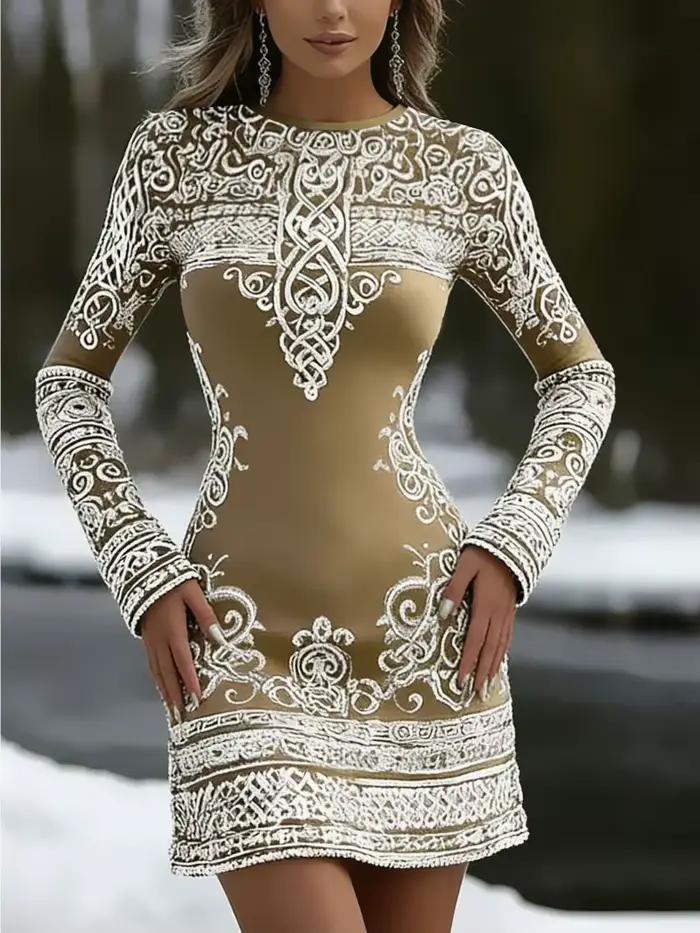Robe courte moulante à col rond et manches longues pour femme, élégante et amincissante