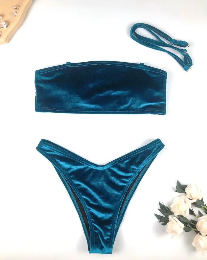 Bikinis ensemble 2025 femmes en velours, bandeau, soutien-gorge rembourré, polyester, style plage, occassions multiples, confort et élégance