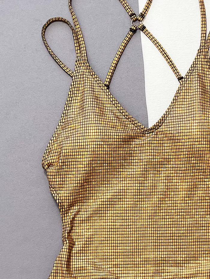 Sexy paillettes or seuqine maillot de bain une pièce dos bandage