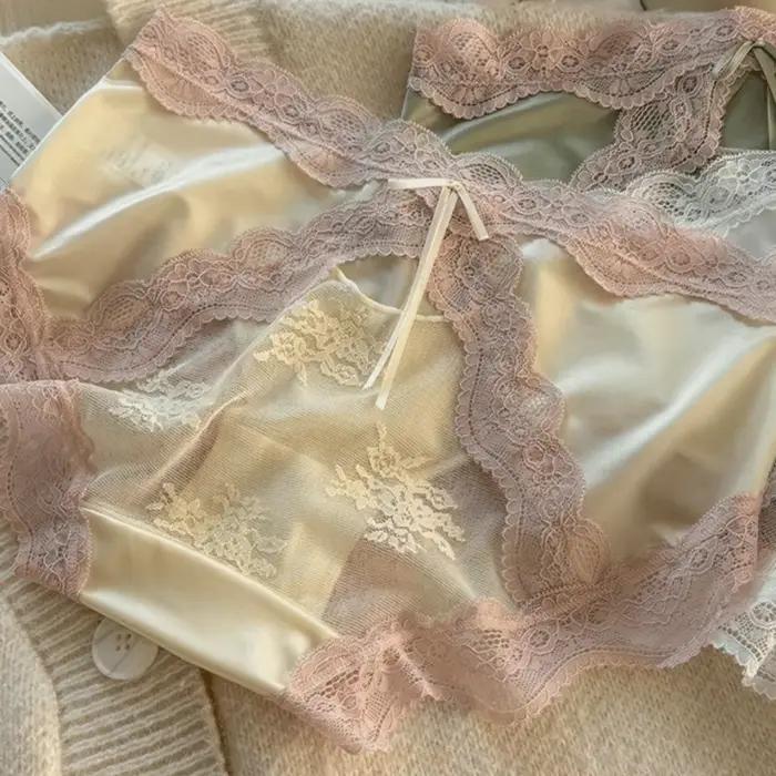 Culottes mi-hautes en dentelle et satin, transparentes, invisibles, avec patchwork en maille et nœuds, pour filles