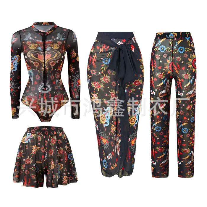 Maillot de bain une pièce pour femme avec protection en maille à manches longues