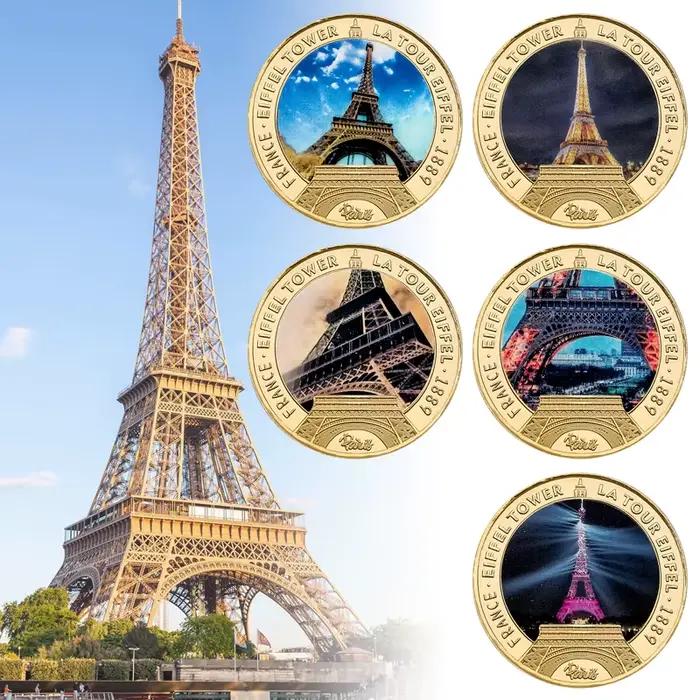 Ensemble de 5 pièces de monnaie commémoratives de la Tour Eiffel de Paris, France, plaqué or, souvenir de voyage