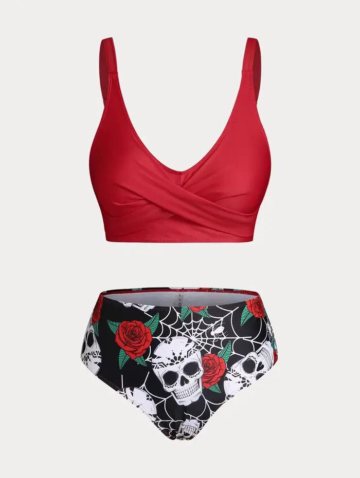 Maillots de bain trois pièces croisés à imprimé crâne et rose pour femmes grandes tailles et courbes