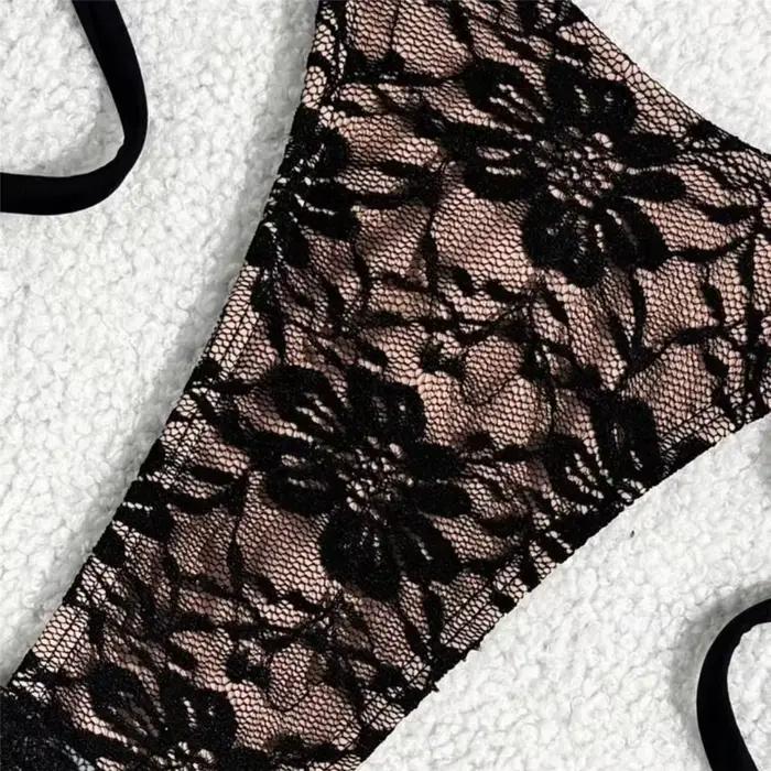 Triangle String licou Bikinis ensembles 3 pièces noir dentelle maille maillots de bain