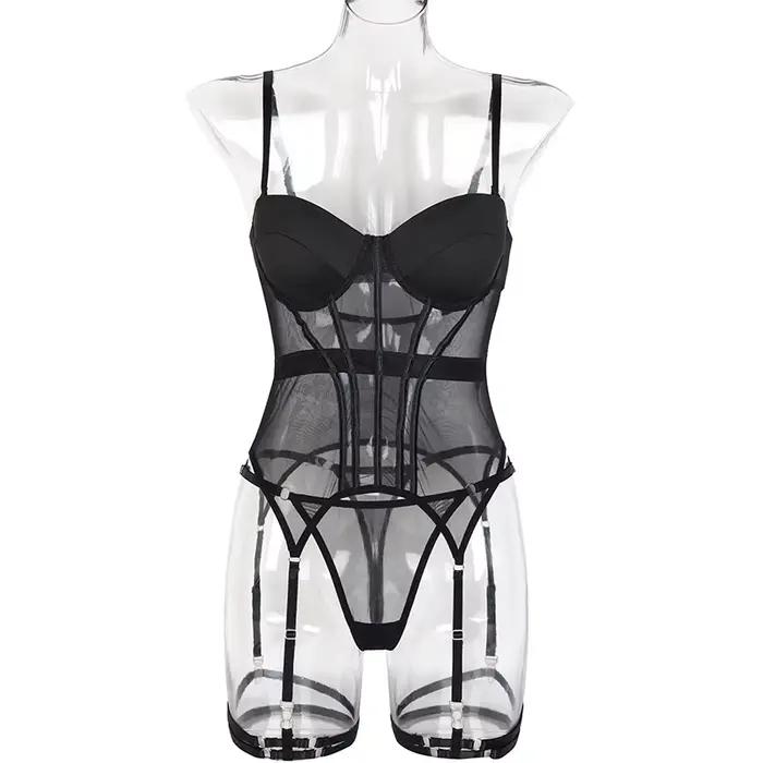 Lingerie Lxury marque body dos nu hauts pour femmes 3 pièces ensemble de Lingerie avec jarretière robes sexy pour les femmes