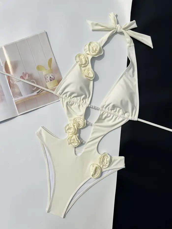 Luxe une pièce maillot de bain fleuri Sexy Bikini femmes Monokini fausse perle maillots