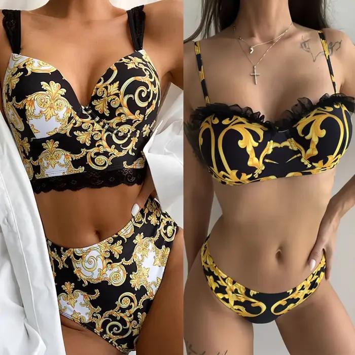 Maillot de bain imprimé fleuri pour femmes deux pièces soutien-gorge push up culotte taille haute bikini plage occaions spéciales