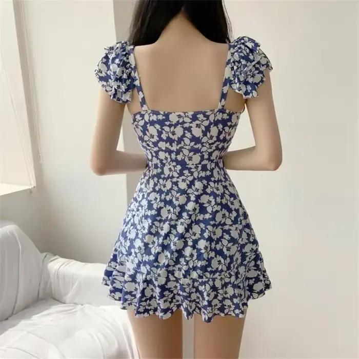 Maillot de bain une pièce vintage bleu à imprimé floral coréen pour femme 2026