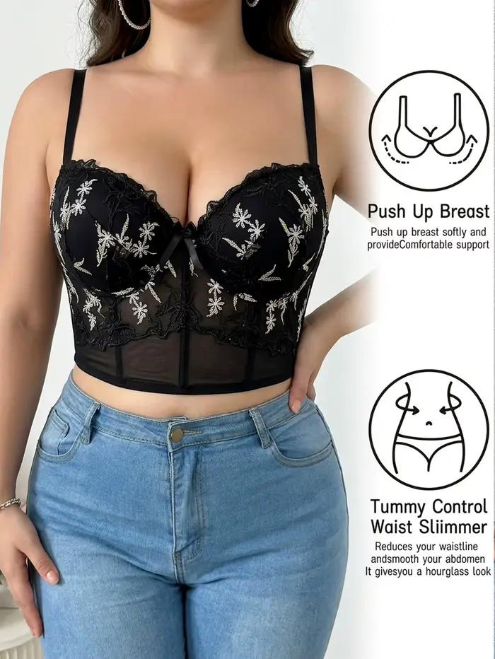 Soutien-gorge bustier en dentelle brodée florale grande taille – Push-up, effet ventre plat et corset antidérapant