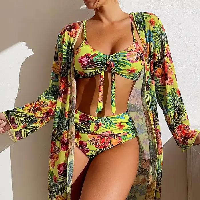 Taille S-3XL Bikini trois pièces imprimé fleuri maillot de bain femmes
