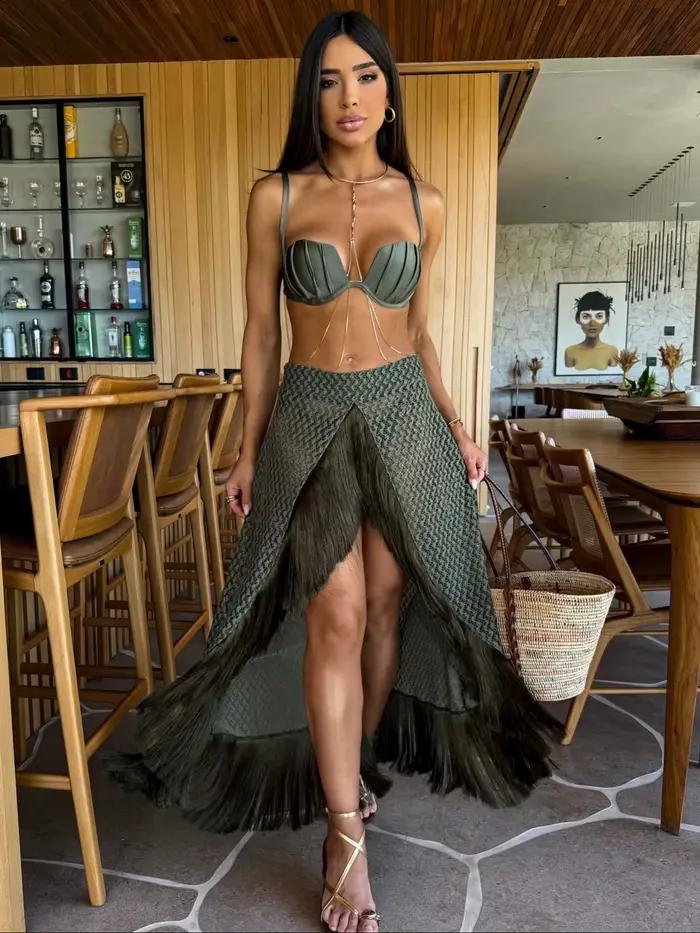 Maillot de bain 3 pièces ensemble avec jupe à franges Bikini femmes