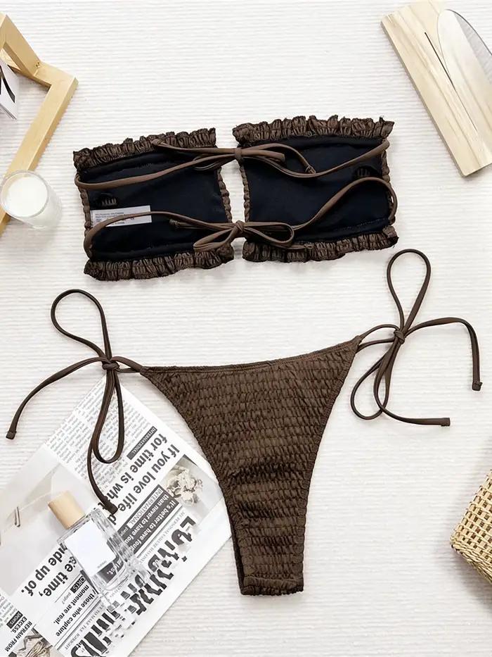 Bikini plissé froncé à coupe haute pour femme