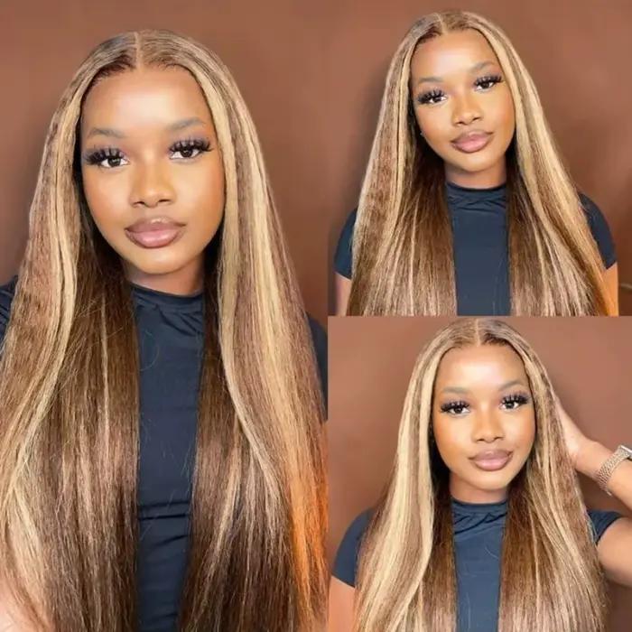 Perruque brésilienne 13x6 Kinky Straight avec mèches 4/27, densité 220%, perruque 13x4 Yaki Straight avec dentelle HD transparente, cheveux humains, 38 pouces
