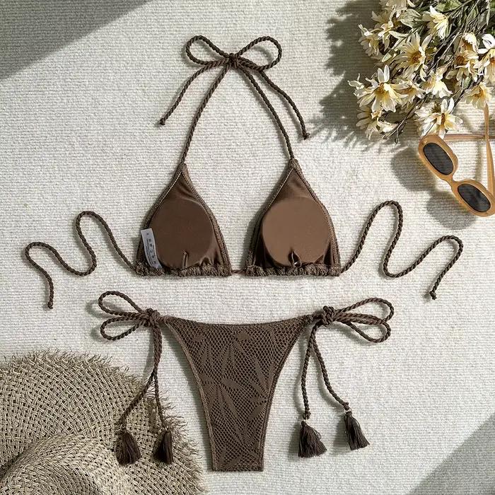 Ensemble bikini tressé couleur unie pour femme