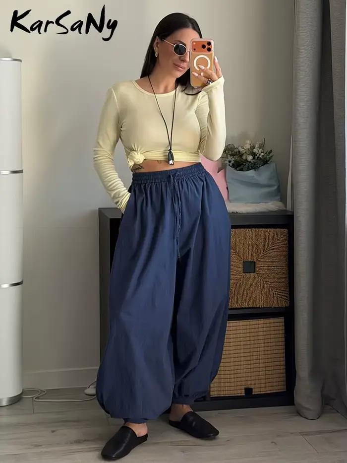 Pantalon large beige pour femme, coupe ample, style lanterne, taille élastique, décontracté, oversize, en coton, pour l'été et l'automne