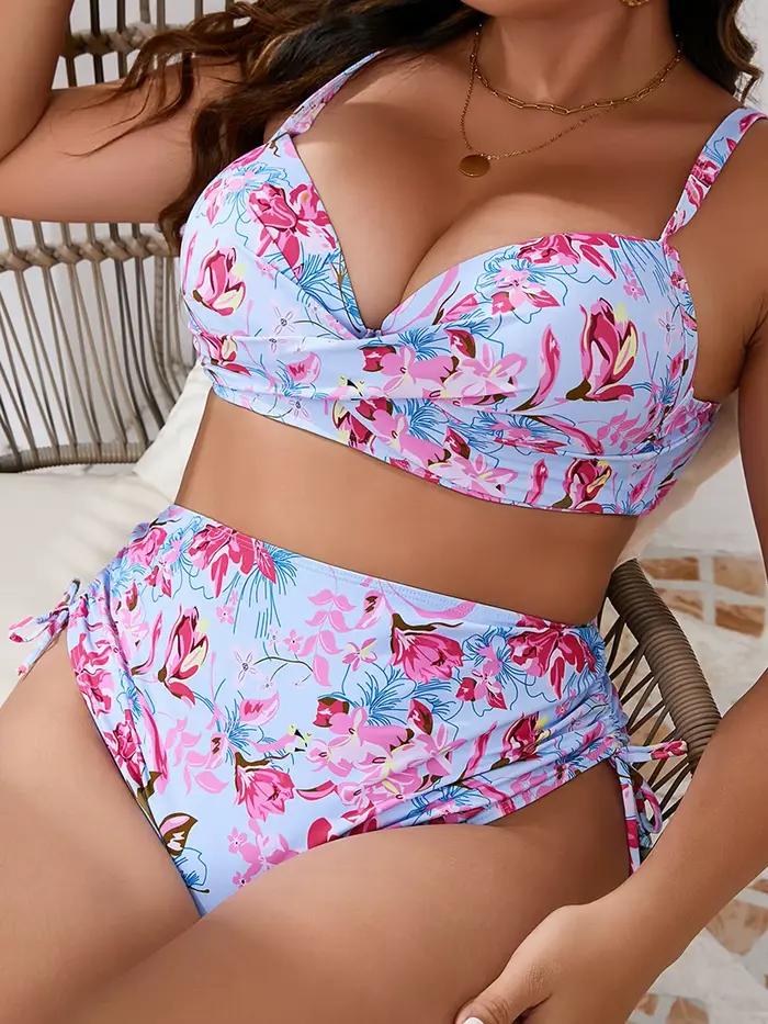 Maillot de bain deux pièces pour femmes, bikini taille haute à motif floral, tenue de plage estivale, ajustement parfait, facile à entretenir, idéal pour les vacances et les journées de plage