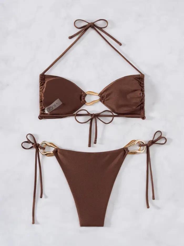 Sexy noir café Bikini ensemble 2025 femmes métal ornement évider Push Up soutien-gorge string maillot de bain été