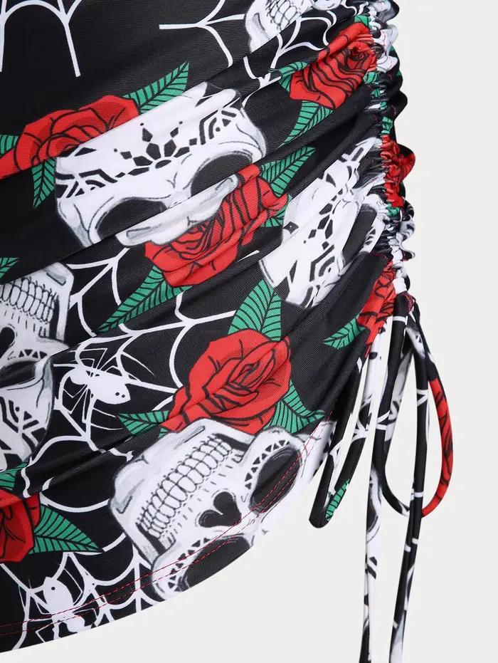 Maillots de bain trois pièces croisés à imprimé crâne et rose pour femmes grandes tailles et courbes