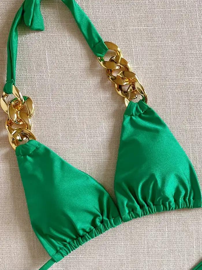 Nouveau Maillot de Bain Triangle Sexy 2026 Couleur Unie avec Chaîne Décorative Ensemble Bikini Fendu Tenue de Plage Brésilienne
