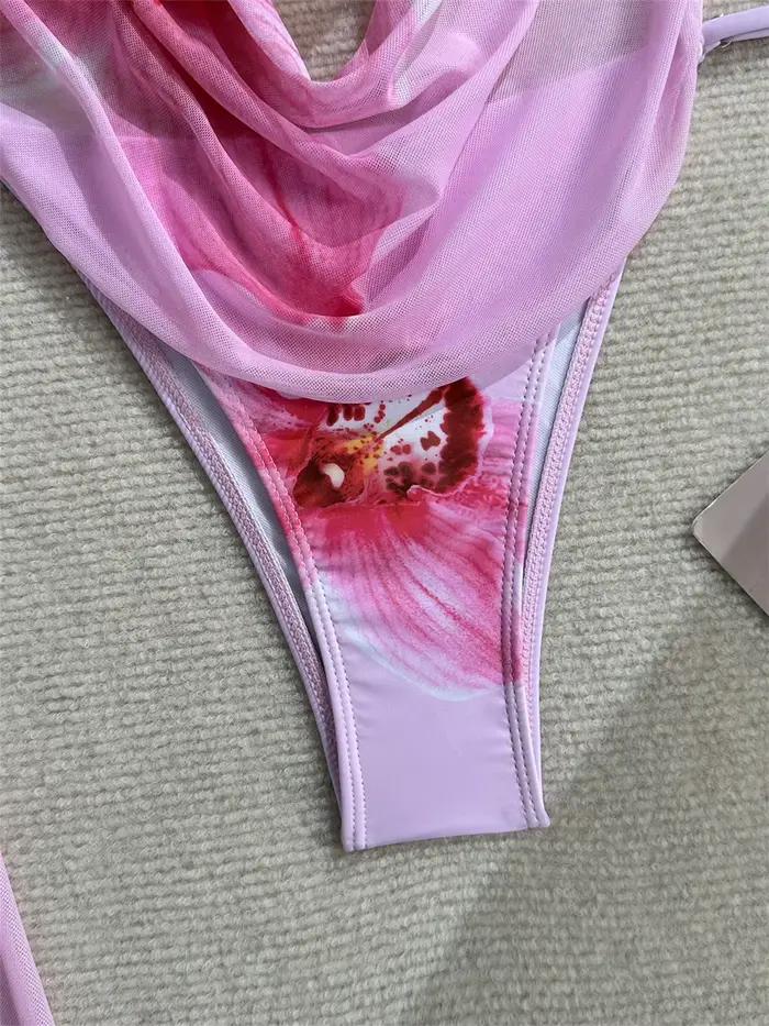 Maillot de bain 3 pièces rose imprimé pour femme