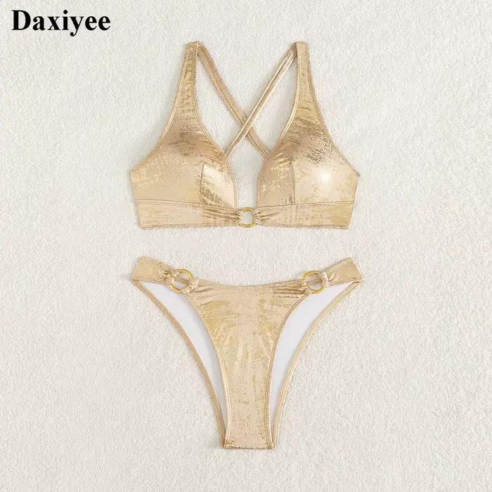 Nouvel ensemble de bikini sexy doré brillant en métal avec anneau