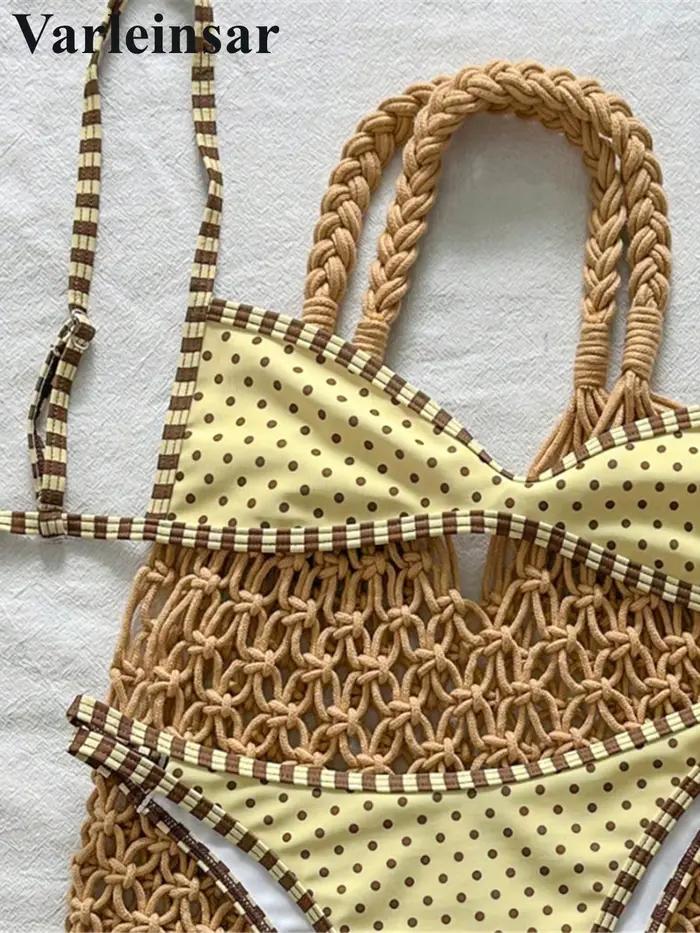 Maillot de bain deux pièces à pois pour femme, style de plage, polyester et élasthanne, ajustement parfait, col triangulaire, pour vacances, fêtes à la piscine, sports nautiques, occasions spéciales