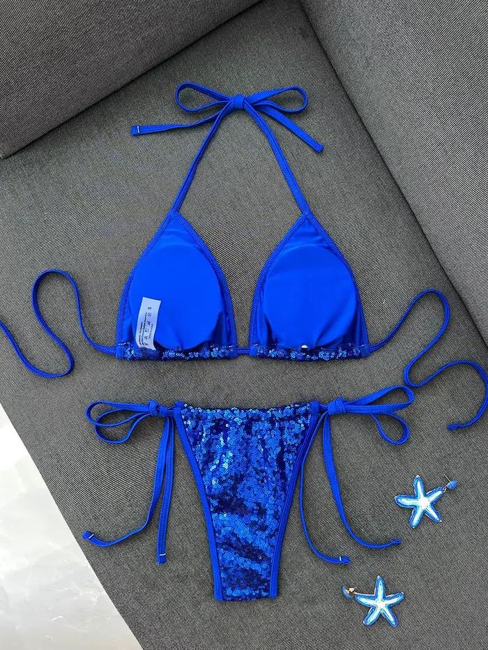 Ensemble bikini bleu à sequins brillants 2026 pour femme