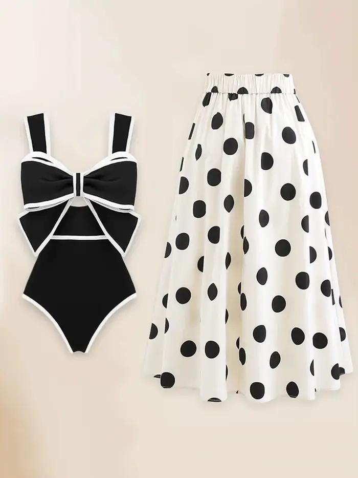 Maillot de bain une pièce en mousseline de soie à pois pour femmes, nœud papillon, jupe de plage, baigneuses, vêtements de plage, nouveau, 2025 occasions plage piscine soirée intérieur sources thermales