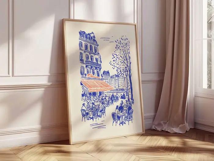Affiche d'art linéaire sur le thème des cafés de Paris, Décoration murale de bistrot français, Illustration minimaliste de Paris, Illustration de café européen