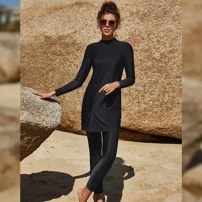 2 pièces/ensemble couleur unie islamique musulman maillot de bain Burkini pour femmes dames ensemble de natation