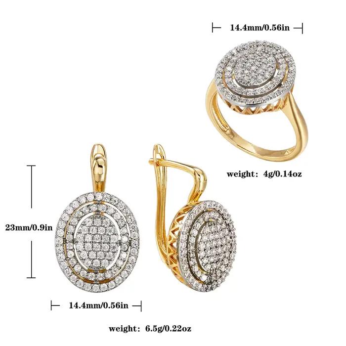 Ensemble de boucles d'oreilles et bague ovales incrustées de zircone, plaqué cuivre or 14 carats, bijoux de mode, cadeau pour femme, accessoires de luxe pour tous les jours et les fêtes