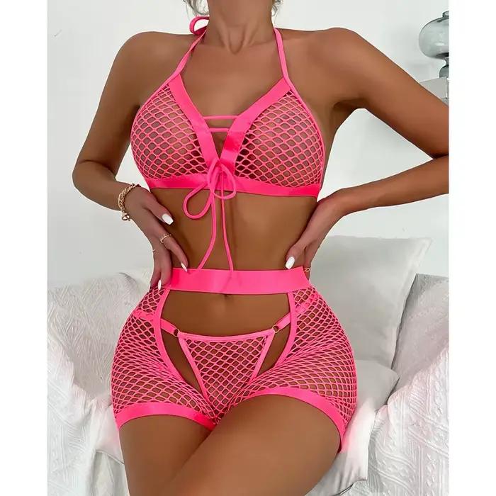 Bikini trois pièces en maille transparente pour femme