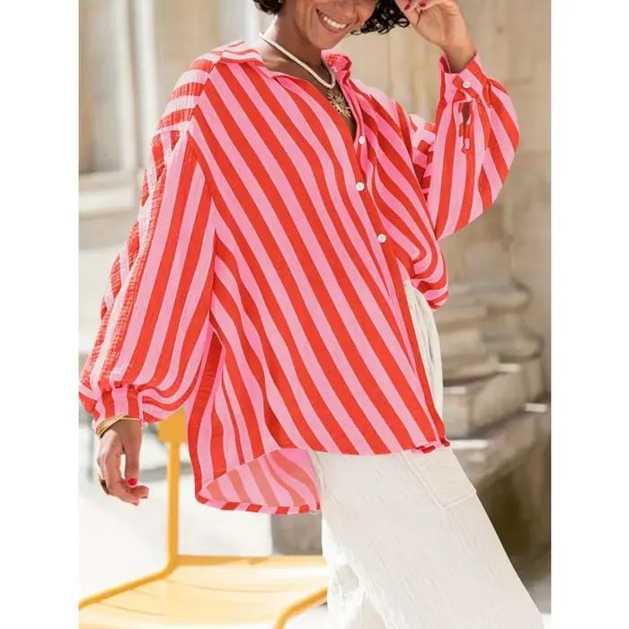 Grande taille 1XL-5XL femmes été nouveau col rabattu chemise à rayures verticales à manches longues dame blouse décontractée haut