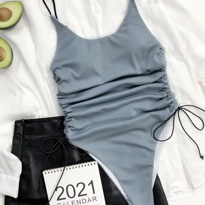Maillot de Bain Uni Femme Dos Nu Côtelé avec Cordon de Serrage pour Activités Aquatiques et Plage Occasions Spéciales